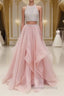 Two Pieces Round Neck Sequins Long Pink Prom Dress, Pink Prom Dresses