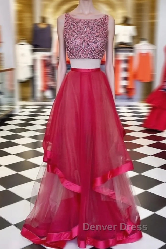 Two Pieces Sequin Round Neck Tulle Long Red Prom Dress, Red Prom Dresses Main image