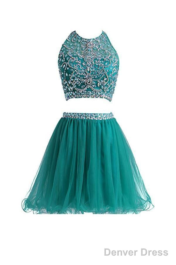Two Pieces Tulle Short With Beaded Green Homecoming Dresses