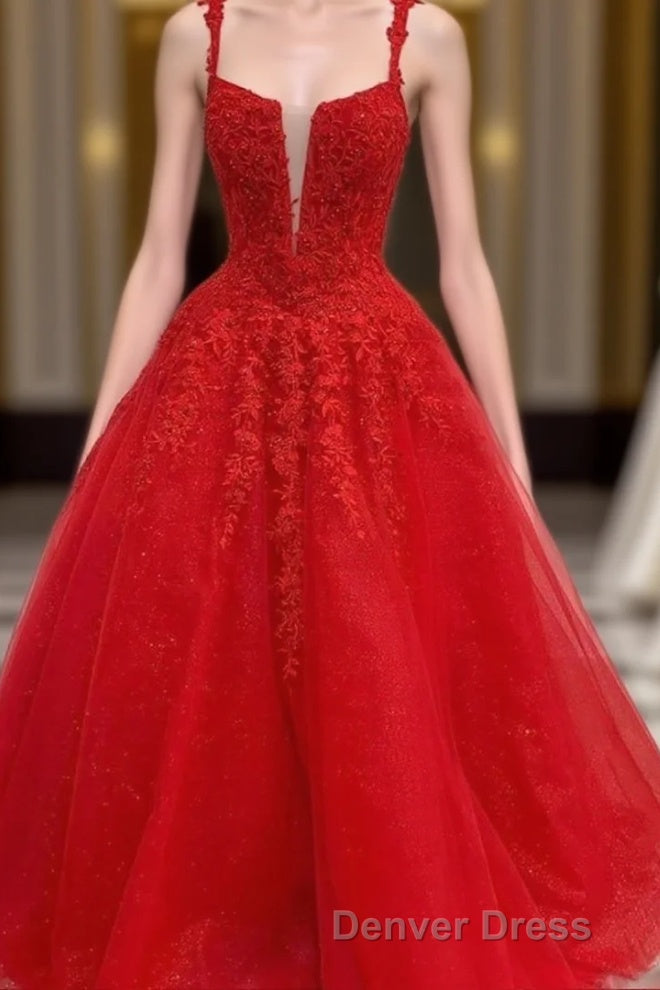 Red Tulle Lace A Line Prom Dress Appliques Long Prom Dresses Main image