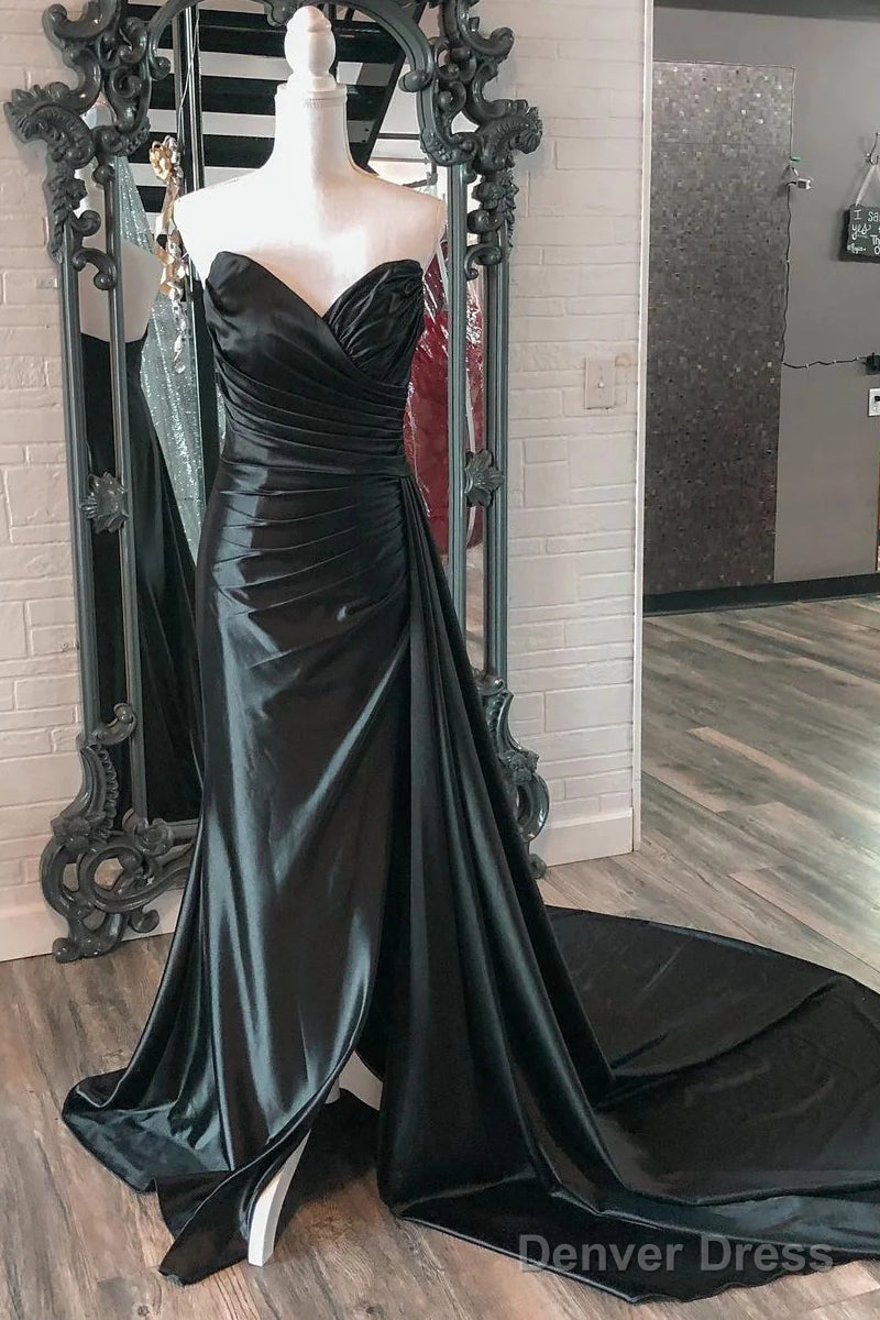 Uk Black Satin Wedding Guest Dress Mermaid Long Prom Dresses Sweetheart Main image