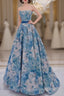 Unique A-Line Flower Satin Blue Long Prom Dresses, Blue Long Formal Dresses
