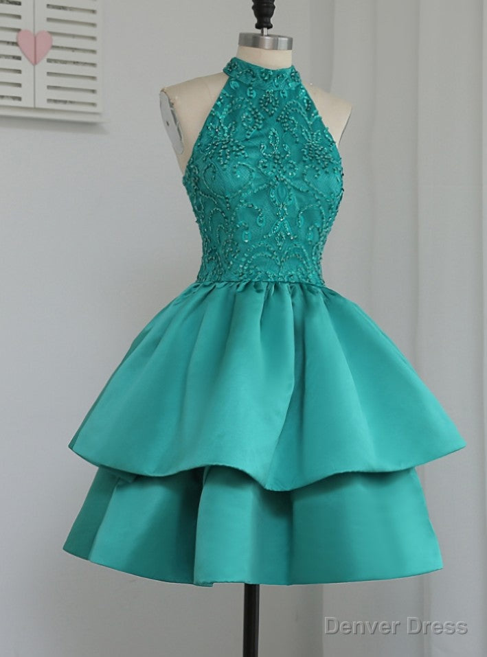 Unique A Line Halter Green Satin Short Homecoming Dresses