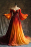 Unique A Line Long Sleeve Orange Ombre Chiffon Prom Dress