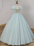 Unique A Line Satin Lace Long Prom Dress, Blue Satin Sweet 16 Dresses