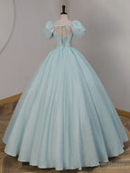 Unique A Line Satin Lace Long Prom Dress, Blue Satin Sweet 16 Dresses