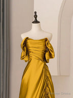 Unique A Line Satin Long Prom Dress Off The Shoulder Pleated Prom Dresses