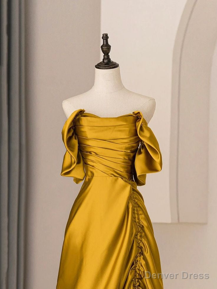 Unique A Line Satin Long Prom Dress Off The Shoulder Pleated Prom Dresses