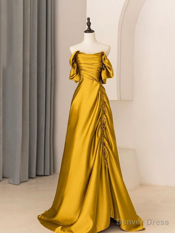 Unique A Line Satin Long Prom Dress Off The Shoulder Pleated Prom Dresses Main image