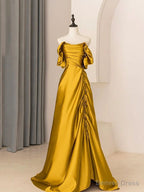 Unique A Line Satin Long Prom Dress Off The Shoulder Pleated Prom Dresses
