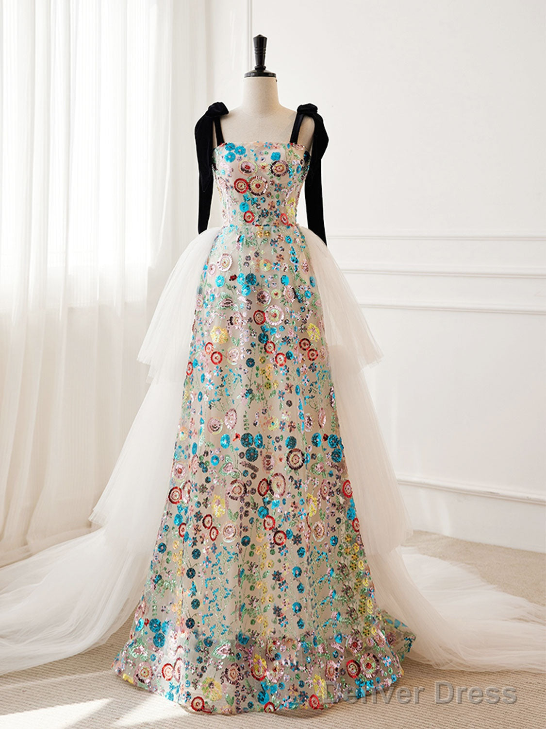 Unique A-Line Sequin Flower Tulle Long Prom Dress, White Formal Evening Dress Main image