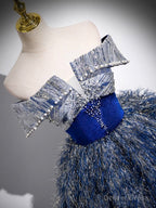 Unique A-Line Shiny Sequin Blue Long Prom Gown, Blue Long Evening Dress