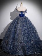 Unique A Line Shiny Sequin Blue Long Prom Gowns, Blue Long Prom Dresses