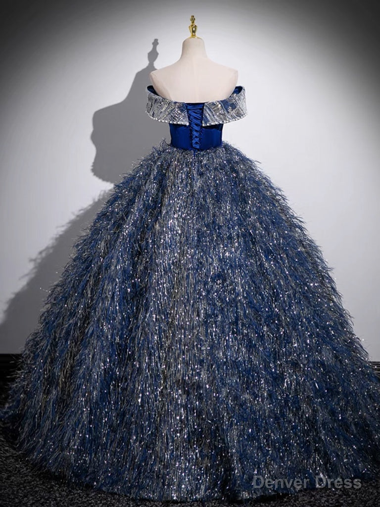 Unique A Line Shiny Sequin Blue Long Prom Gowns, Blue Long Prom Dresses