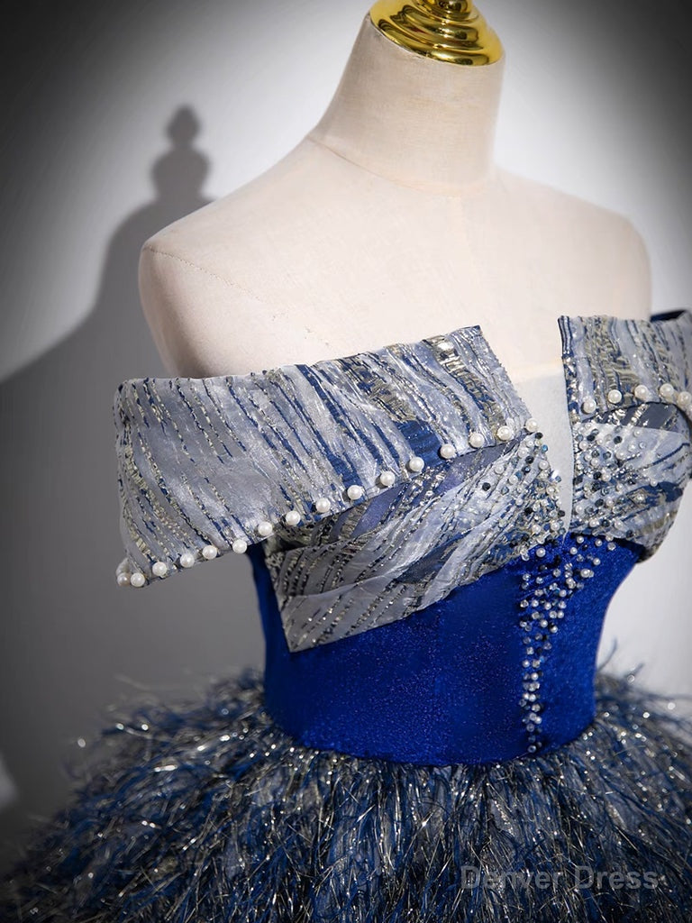 Unique A Line Shiny Sequin Blue Long Prom Gowns, Blue Long Prom Dresses