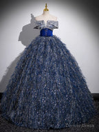 Unique A Line Shiny Sequin Blue Long Prom Gowns, Blue Long Prom Dresses