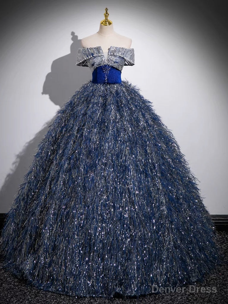 Unique A Line Shiny Sequin Blue Long Prom Gowns, Blue Long Prom Dresses