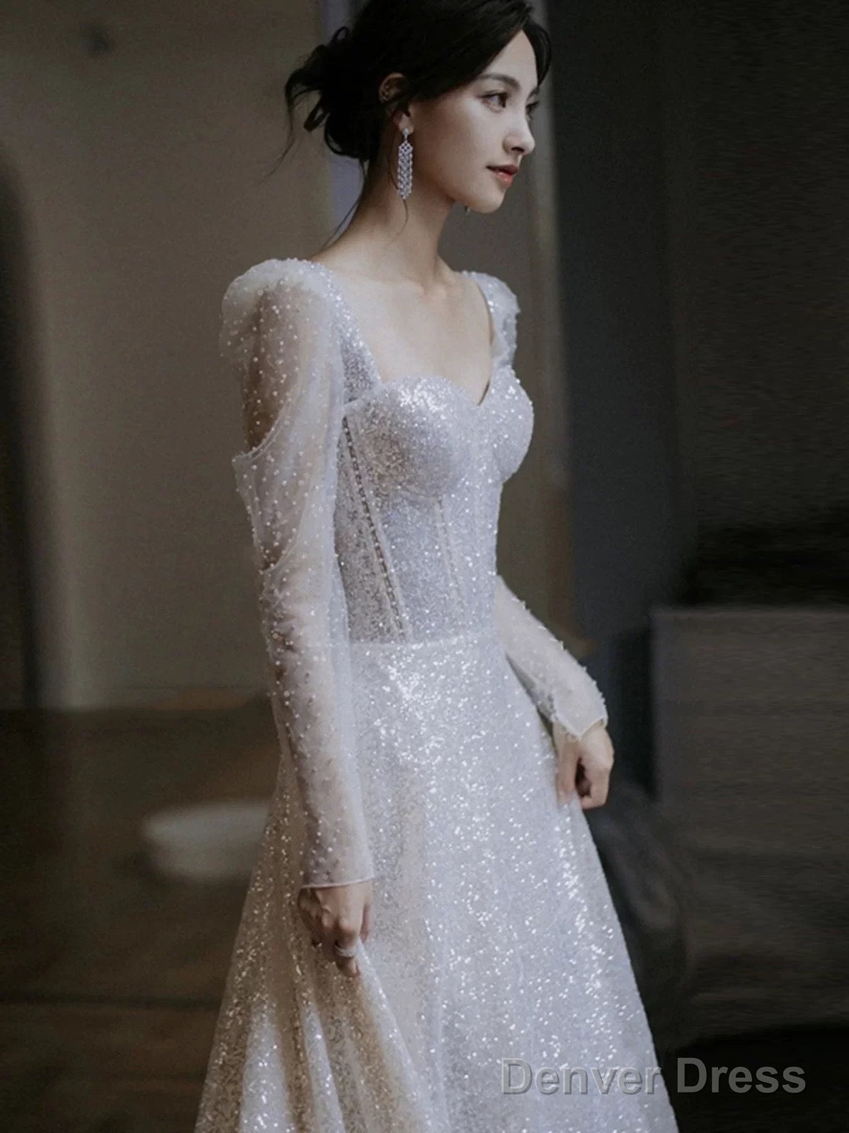 Unique A Line Square Neckline Sequin Pleats Long Sleeves Wedding Dresses Secondary image