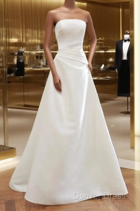 Unique A Line Strapless Satin White Wedding Dresses Brides Dresses