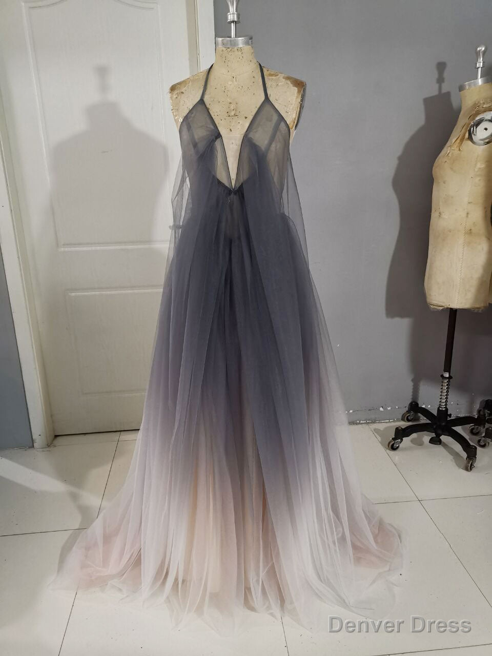 Unique A line V Neck Tulle Long Prom Dress, Tulle Evening Dress Main image