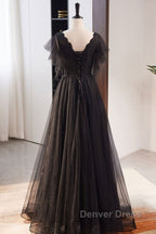 Unique And Beautiful Black Beaded Short Sleeved Sequin Ball Dresses With Black A-Shaped Princess V-Neck Backless Chiffon And Floor Length Evening Dresses