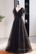 Unique And Beautiful Black Beaded Short Sleeved Sequin Ball Dress With Black A Shaped Princess V Neck Backless Chiffon And Floor Length Prom Dresses