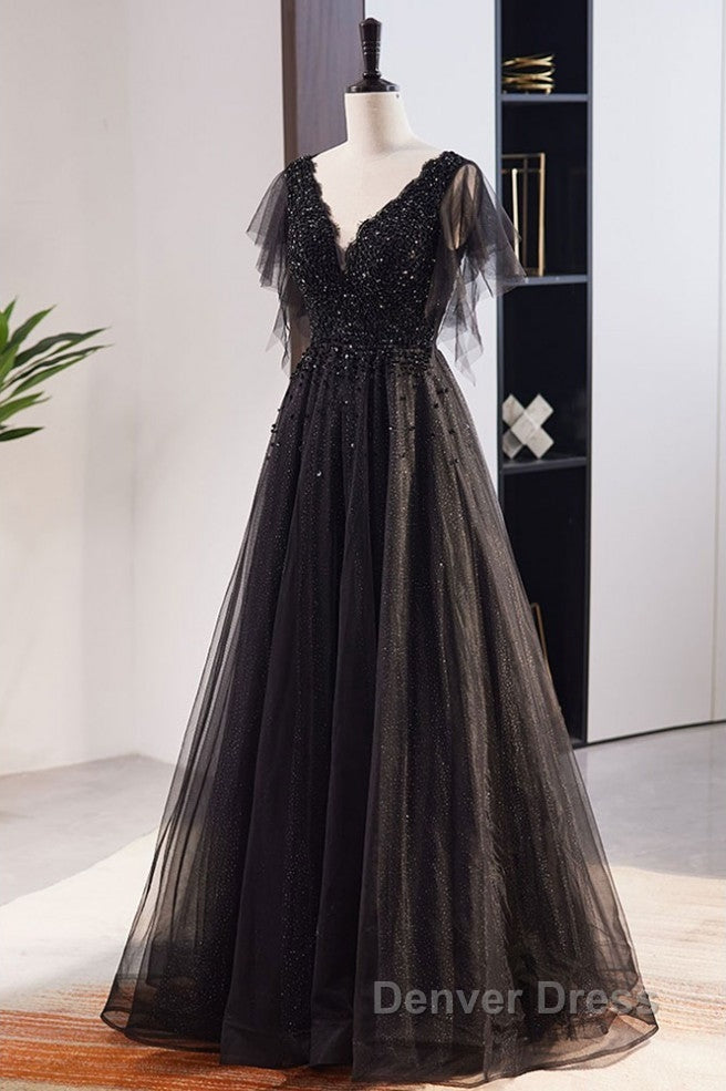 Unique And Beautiful Black Beaded Short Sleeved Sequin Ball Dress With Black A Shaped Princess V Neck Backless Chiffon And Floor Length Prom Dresses