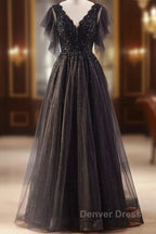 Unique And Beautiful Black Beaded Short Sleeved Sequin Ball Dress With Black A Shaped Princess V Neck Backless Chiffon And Floor Length Prom Dresses
