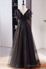 Unique And Beautiful Black Beaded Short Sleeved Sequin Ball Dress With Black A-Shaped Princess V-Neck Backless Chiffon And Floor Length Evening Dress
