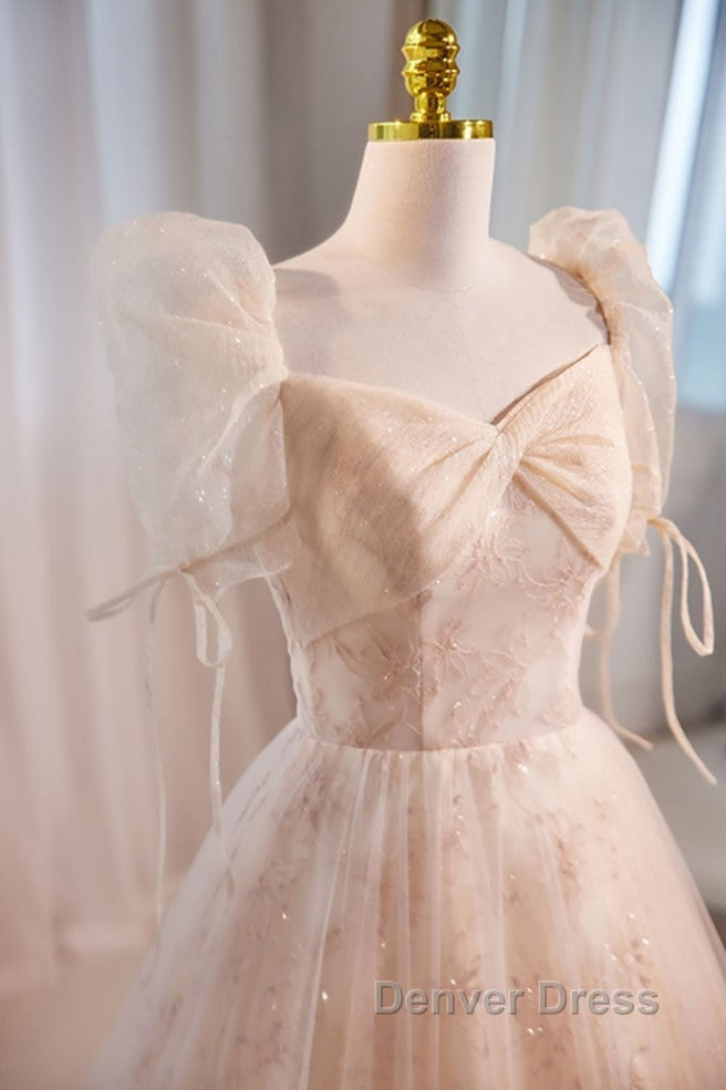 Unique And Beautiful Champagne Sequin Square Neck Fluffy Short Sleeved Ball Dress Champagne A Shaped Princess Backless Strap And Floor Length Prom Dresses Secondary image