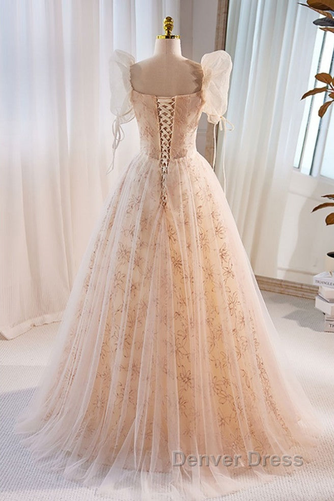 Unique And Beautiful Champagne Sequin Square Neck Fluffy Short Sleeved Ball Dress Champagne A Shaped Princess Backless Strap And Floor Length Prom Dresses