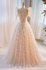 Unique And Beautiful Champagne Sequin Square Neck Fluffy Short Sleeved Ball Dress Champagne A-Shaped Princess Backless Strap And Floor Length Evening Dress