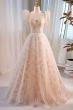 Unique And Beautiful Champagne Sequin Square Neck Fluffy Short Sleeved Ball Dress Champagne A Shaped Princess Backless Strap And Floor Length Prom Dresses