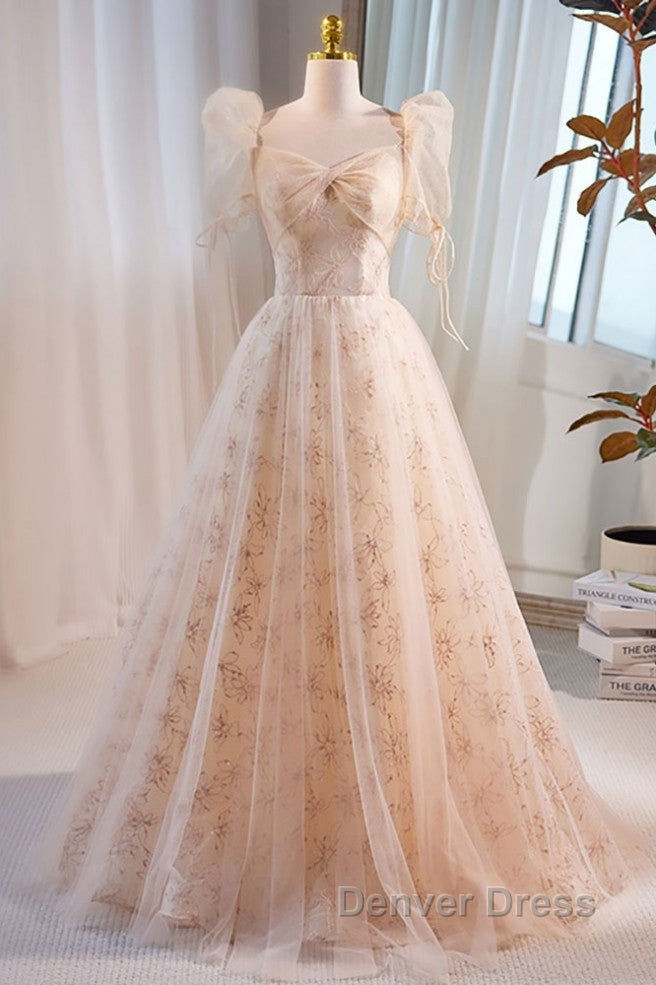 Unique And Beautiful Champagne Sequin Square Neck Fluffy Short Sleeved Ball Dress Champagne A Shaped Princess Backless Strap And Floor Length Prom Dresses