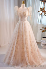 Unique And Beautiful Champagne Sequin Square Neck Fluffy Short Sleeved Ball Dress Champagne A-Shaped Princess Backless Strap And Floor Length Evening Dress