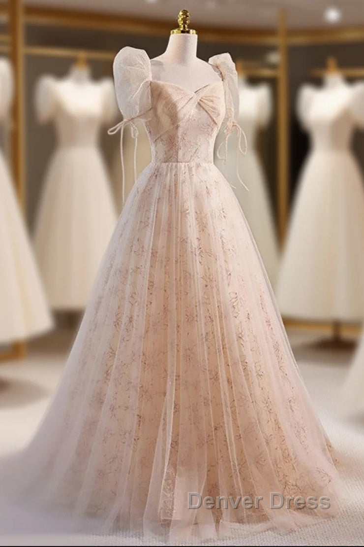 Unique And Beautiful Champagne Sequin Square Neck Fluffy Short Sleeved Ball Dress Champagne A Shaped Princess Backless Strap And Floor Length Prom Dresses Main image
