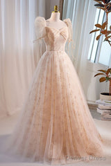 Unique And Beautiful Champagne Sequin Square Neck Fluffy Short Sleeved Ball Dress Champagne A-Shaped Princess Backless Strap And Floor Length Evening Dress