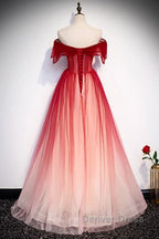 Unique And Beautiful Gradient Red Off Shoulder Short Sleeved Beaded Prom Dress Gradient Red A Line Princess Strapless Backless Strap And Ground Length Prom Dresses