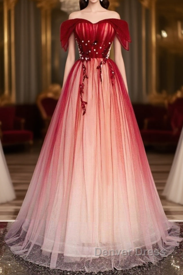 Unique And Beautiful Gradient Red Off Shoulder Short Sleeved Beaded Prom Dress Gradient Red A Line Princess Strapless Backless Strap And Ground Length Prom Dresses Main image