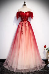 Unique And Beautiful Gradient Red Off Shoulder Short Sleeved Beaded Evening Dress Gradient Red A-Line Princess Strapless Backless Strap And Ground Length Evening Dress