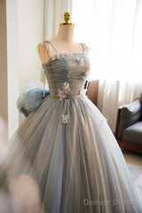 Unique And Beautiful Gray Sticker Sleeveless Off The Shoulder Ball Dress, Gray A-Line Princess Sheer Thin Shoulder Strap, Backless Tie Bow And Ground Length Prom Dress