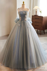 Unique And Beautiful Gray Sticker Sleeveless Off The Shoulder Ball Dress, Gray A-Line Princess Sheer Thin Shoulder Strap, Backless Tie Bow And Ground Length Prom Dress