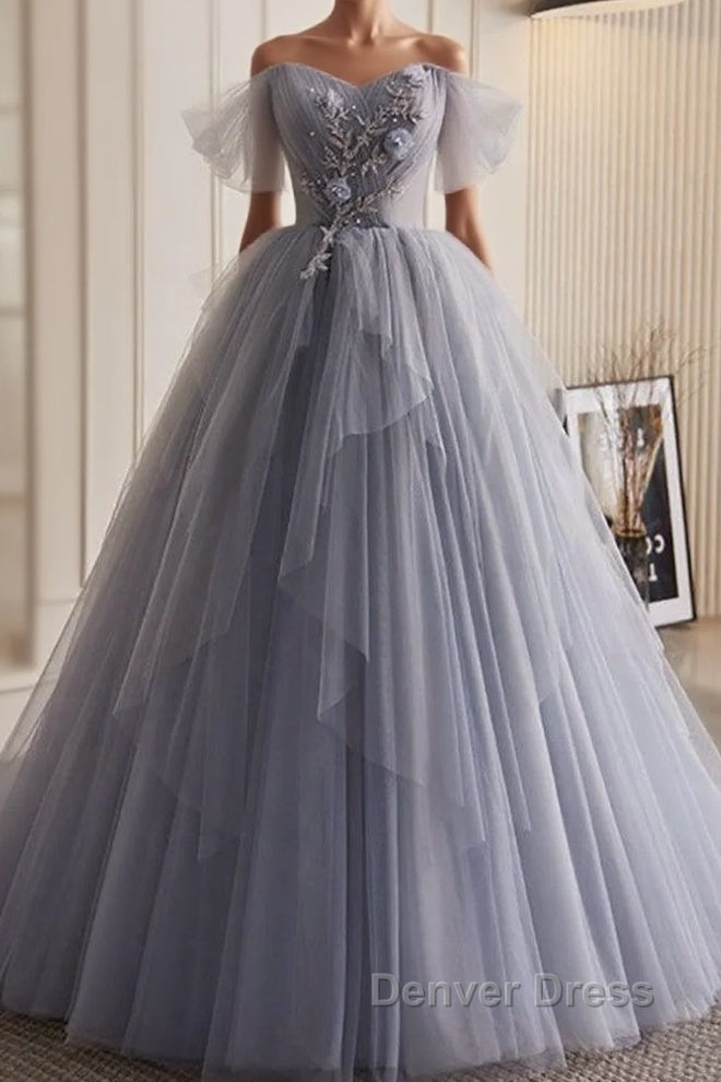 Unique And Beautiful Silver Gray Beaded Pearl Sequins Off The Shoulder Sleeveless Decal Pleated Ball Dresses Silver Gray A-Shaped Thin Gauze Pong Truffle Back Strap And Ground Length Prom Dresses Main image