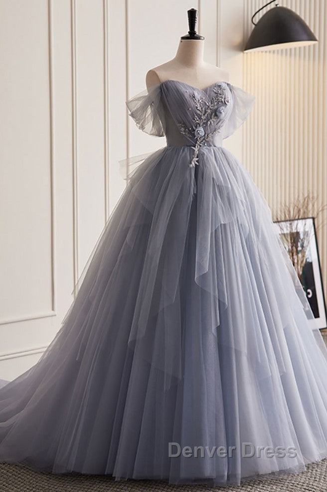 Unique And Beautiful Silver Gray Beaded Pearl Sequins Off The Shoulder Sleeveless Decal Pleated Ball Dresses Silver Gray A-Shaped Thin Gauze Pong Truffle Back Strap And Ground Length Prom Dresses Secondary image