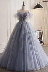 Unique And Beautiful Silver Gray Beaded Pearl Sequins Off The Shoulder Sleeveless Decal Pleated Ball Dress Silver Gray A-Shaped Thin Gauze Pong Truffle Back Strap And Ground Length Prom Dress