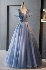 Unique And Beautiful Sky Blue Beaded Rhinestone Fluffy Short Sleeved Ball Dress With Sky Blue A-Shaped Princess V-Neck Backless Strap And Ground Length Evening Dress