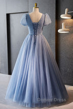 Unique And Beautiful Sky Blue Beaded Rhinestone Fluffy Short Sleeved Ball Dress With Sky Blue A Shaped Princess V Neck Backless Strap And Ground Length Prom Dresses