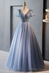 Unique And Beautiful Sky Blue Beaded Rhinestone Fluffy Short Sleeved Ball Dress With Sky Blue A-Shaped Princess V-Neck Backless Strap And Ground Length Evening Dress