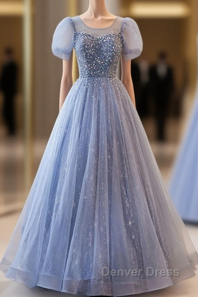 Unique And Beautiful Sky Blue Low Round Neck Short Sleeved Beaded Sequin Ball Dress With Sky Blue A Line Backless Strap And Ground Length Prom Dresses Main image