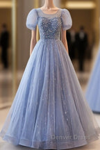 Unique And Beautiful Sky Blue Low Round Neck Short Sleeved Beaded Sequin Ball Dress With Sky Blue A Line Backless Strap And Ground Length Prom Dresses
